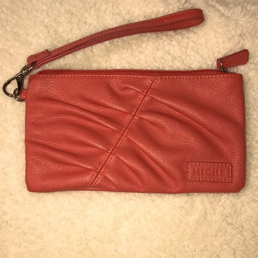 Miche Faux Leather Coral Pleated Front Detail Wristlet Wallet Make up Bag